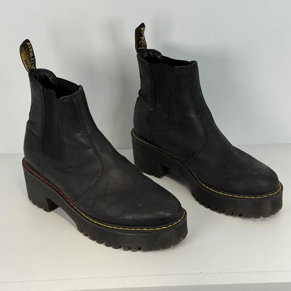 Dr Martens Boots Womens 8 Black Rometty Leather Platform Chelsea Ankle Lug Sole